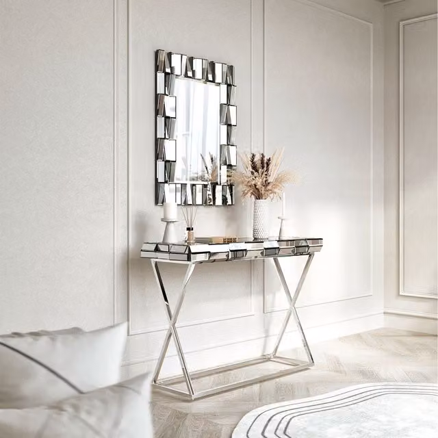Carme Modern Rectangular Glass and Metal Mirror and Console in Grey and Silver