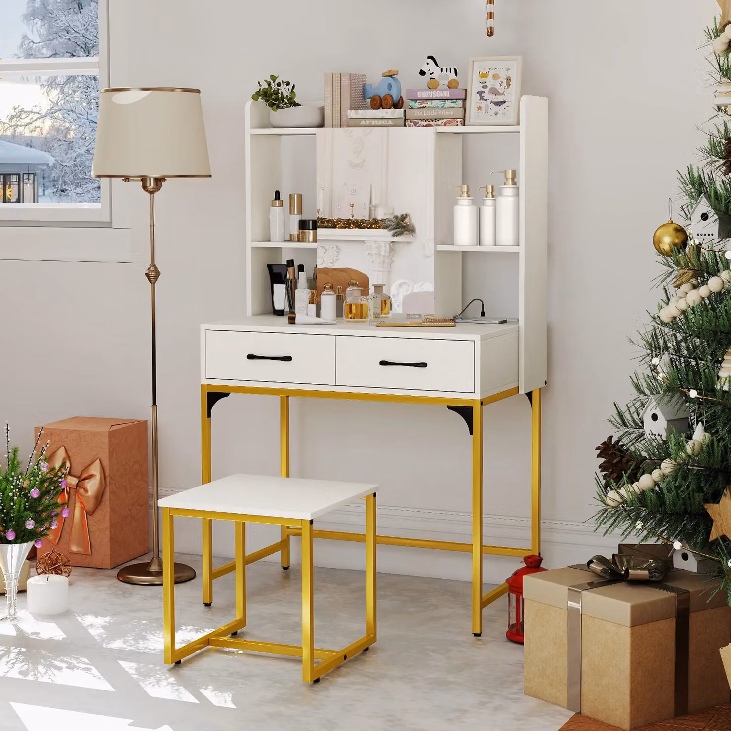 Costway Modern White Wide Makeup Dressing Table with Power Outlets – 2