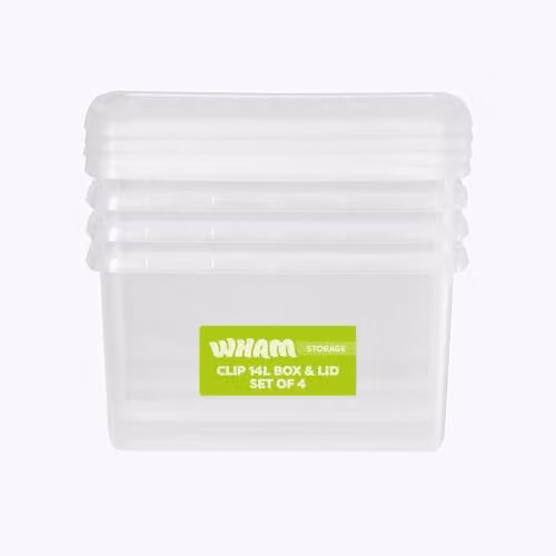 Wham 4 x 14L Rectangular Stackable Plastic Storage Boxes with Lids, Transparent