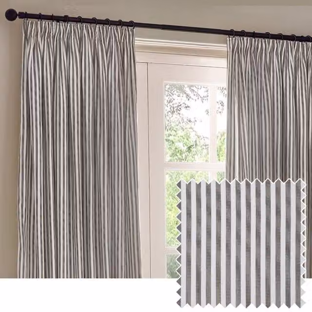 Riva Home Grey Striped Cotton Pencil Pleat Curtains W: 168 cm, H: 137 cm – 1