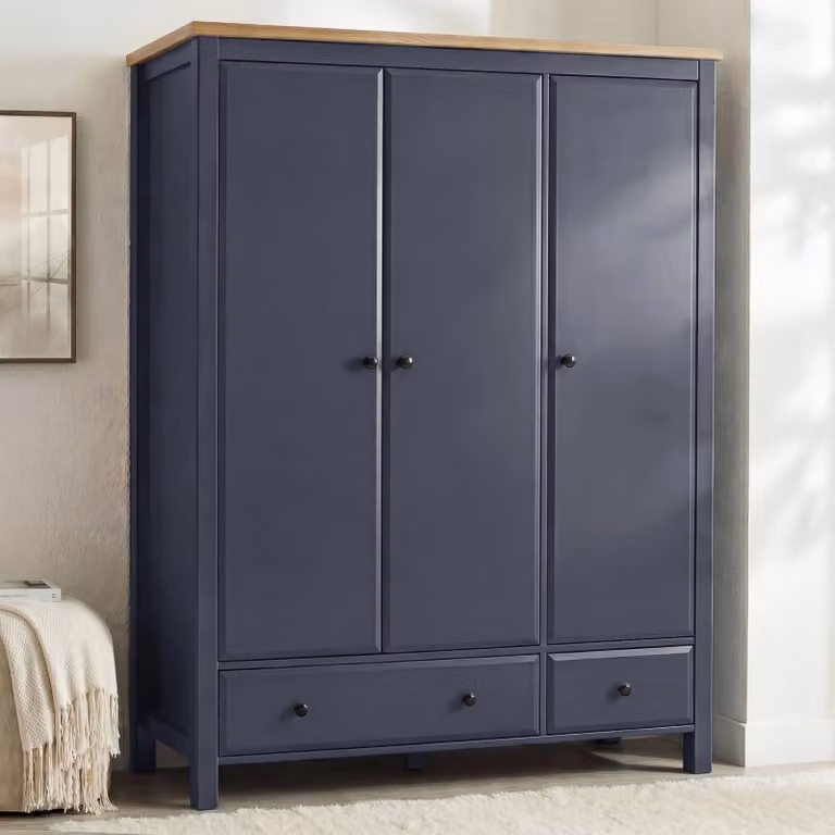 DHS Classic Blue and Black Lacquered 3 Door Wardrobe with Drawers, Shelves and Soft Close Hinged Doors