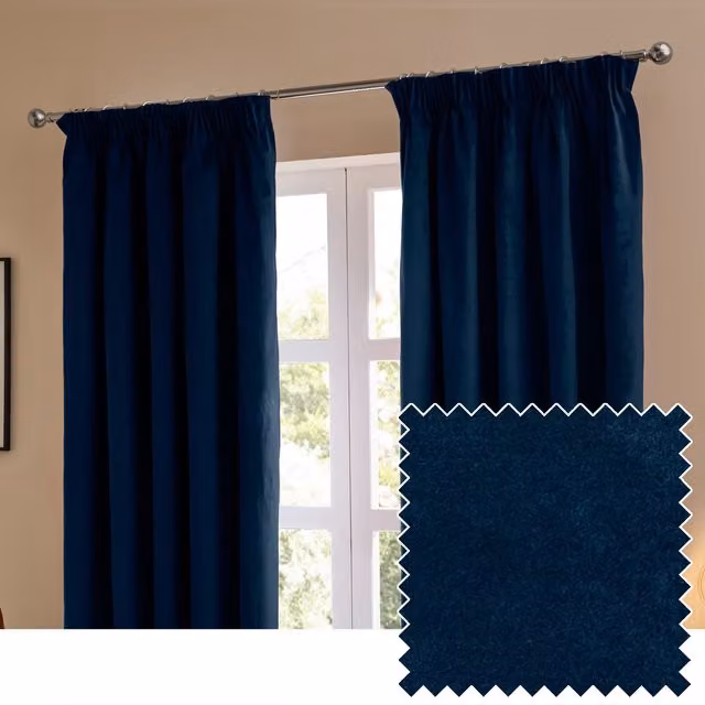Make It A Home Blue Velvet Room Darkening Pencil Pleat Curtain Pair, Width: 137 cm, Height: 117 cm