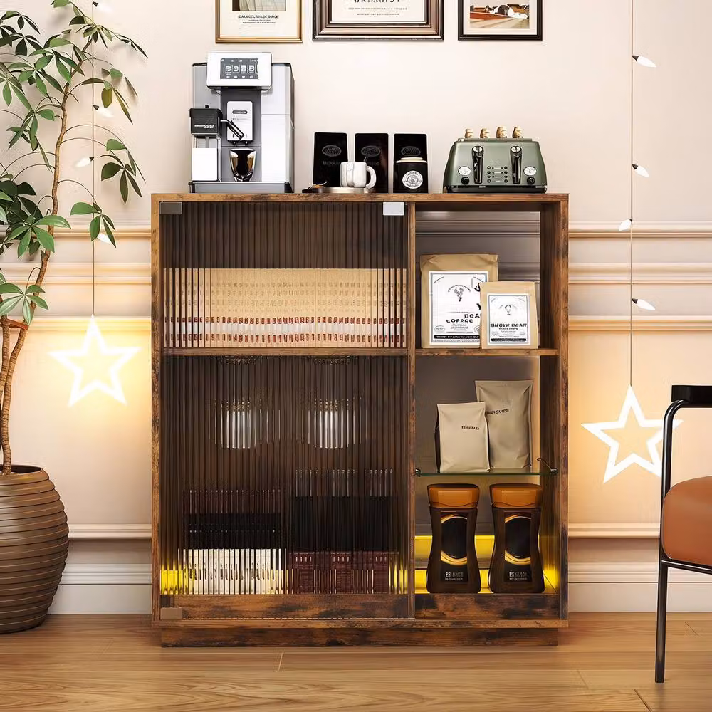 Costway Modern Brown Wine Bar Cabinet with Integrated LED Lights and Glass Doors – 3