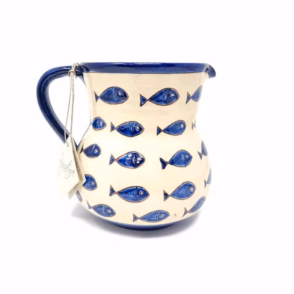 Verano Spanish Ceramics Signature Blue and White Fish Hand Painted Ceramic Large Jug, 1.5 l – 2