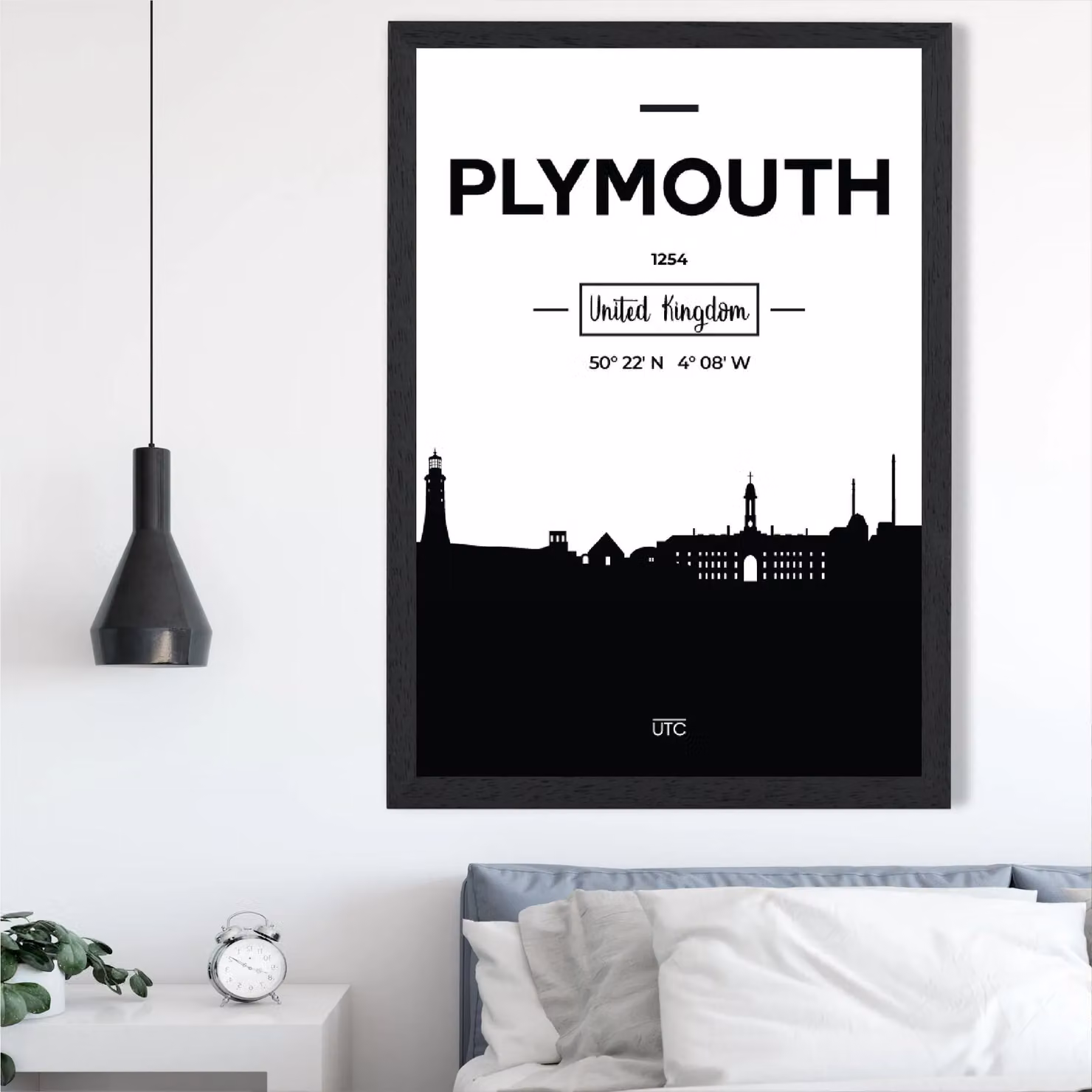 ARTZE Plymouth Black and White City Skyline Framed Paper Poster Print – 2