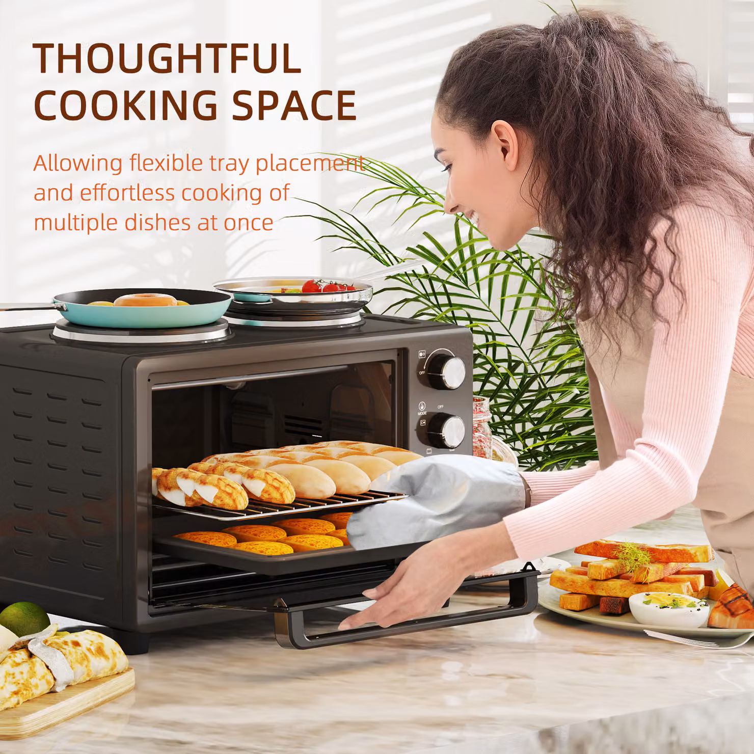HOMCOM 28L Mini Oven with 2 Hot Plates and Grill, 2600W Countertop Toaster Oven in Black – 7