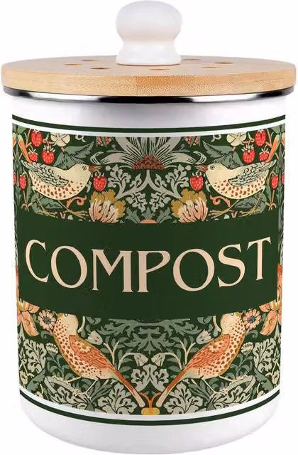 Purely Home Strawberry Thief Metal Compost Caddy with Flip Lid, 2L, Green