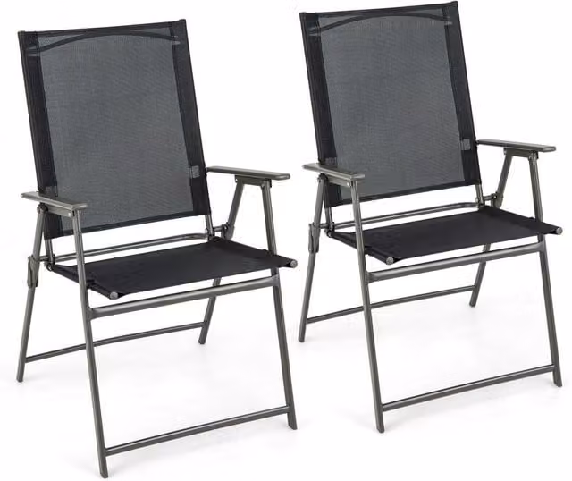 Costway 2 Piece Set of Black Folding Patio Chairs with Armrests and Textilene Fabric