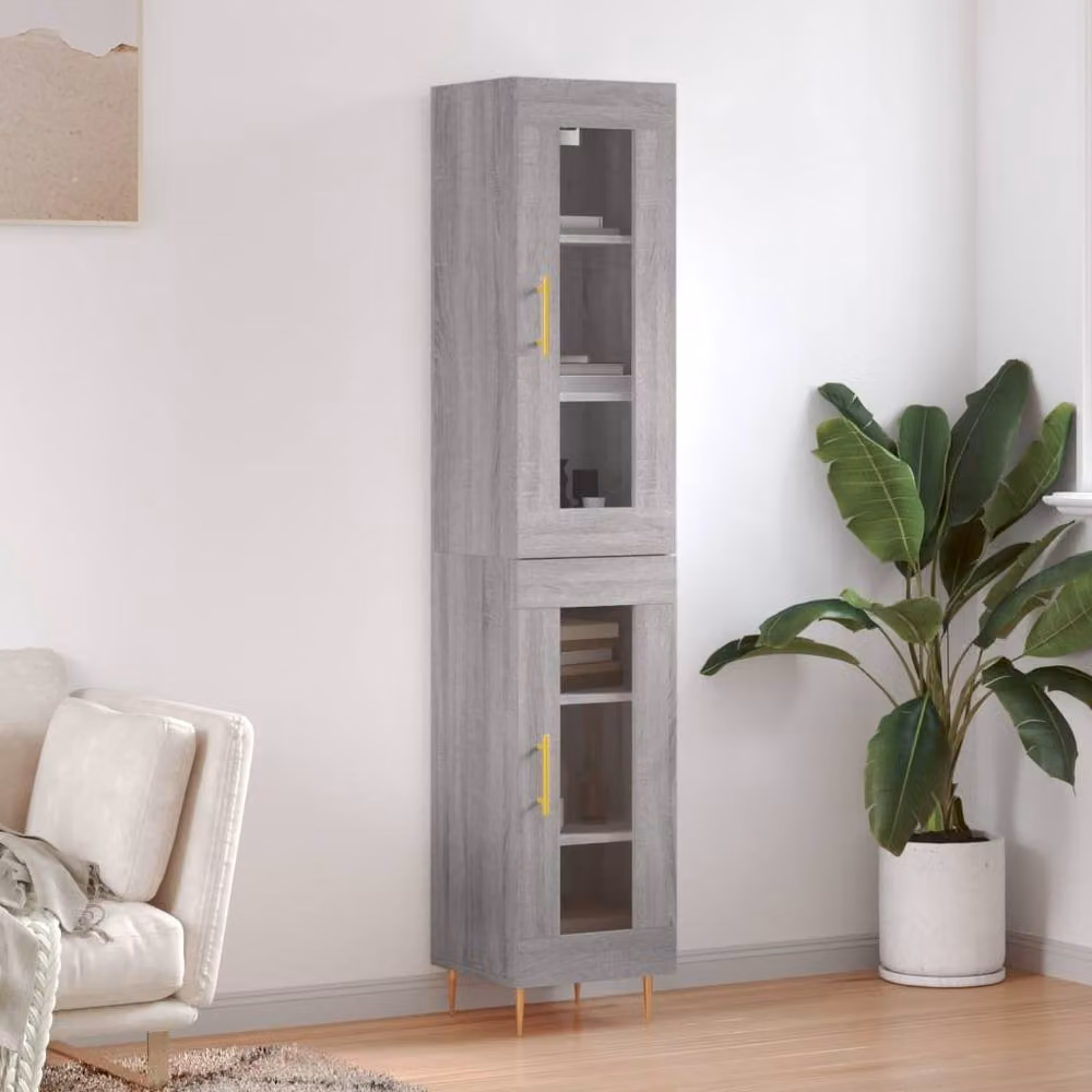 Berkfield Home Modern Grey Highboard with Glass Doors and Internal Shelves, W/D/H: 34.5 x 34.0 x 180.0 cm – 2