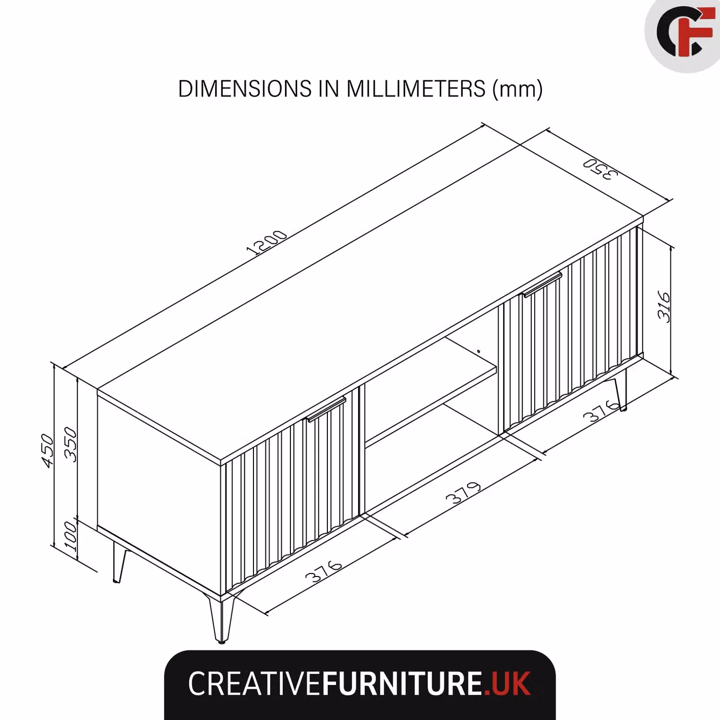 Creative Furniture Tide Crest Modern Fluted TV Unit in Gold, Grey or White, W/D/H: 120 x 35 x 45 cm – 2