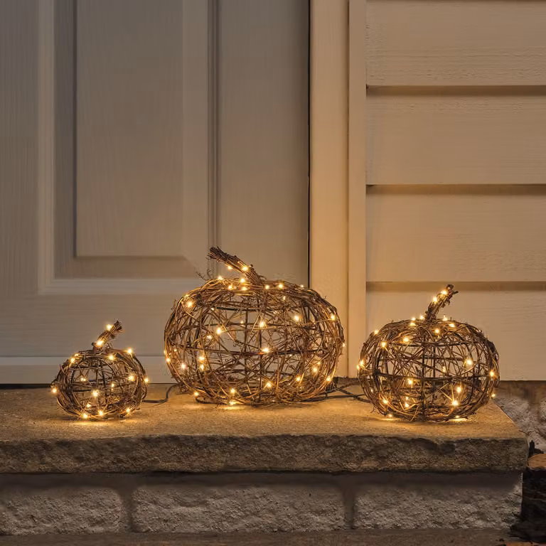 Lights4fun Set of 3 Wicker Autumn Pumpkin LED Outdoor Decorations in Brown and White