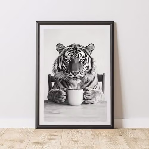 60 Second Makeover Funny Tiger Drinking Coffee Paper Poster, A3, Multicolour