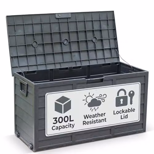 Gr8 Garden Black Plastic Garden Storage Box with Castors and Lock, 300 Litre Capacity – 1