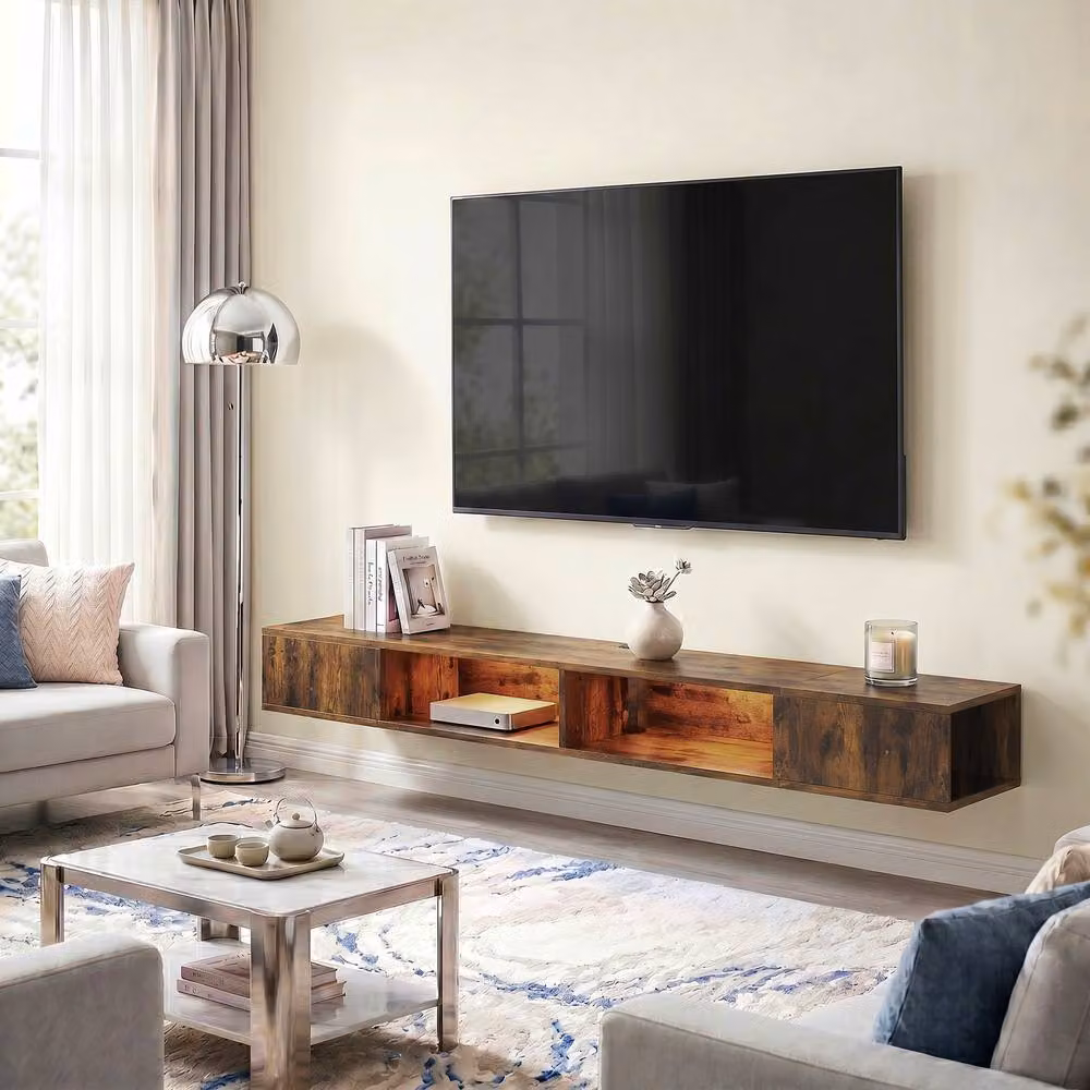 HOMCOM Industrial Wall-Mounted TV Stand with Integrated Lighting in Brown for TVs up to 75 Inch – 9