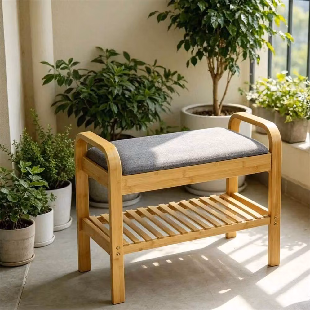 Nordara 2 Tier Bamboo Shoe Rack Bench with Fabric Cushion Seat in Brown – 3