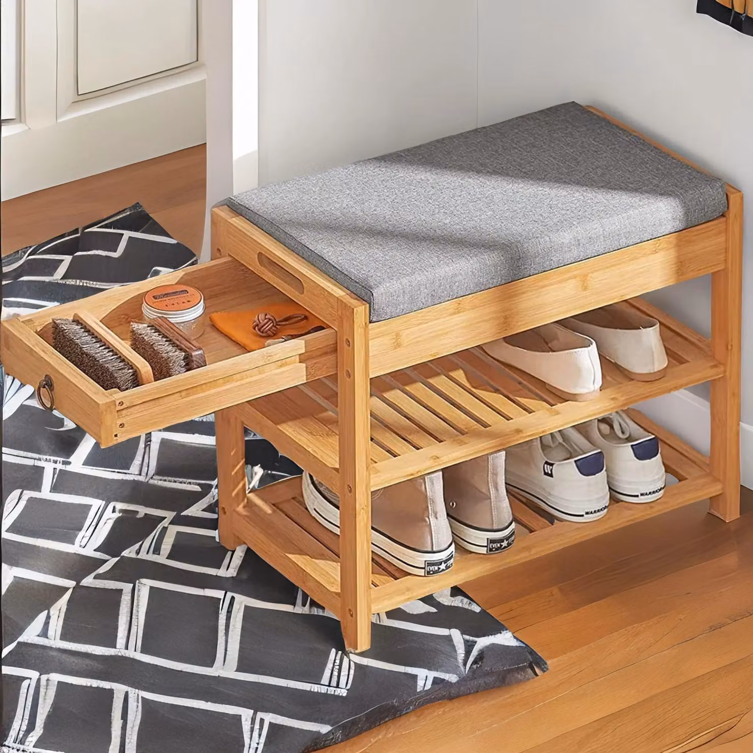 Rafaelo Mobilia Bamboo Shoe Storage Bench with Hidden Drawer and Grey Fabric Cushioned Seat in Brown, W/D/H: 90 x 30 x 46 cm – 2
