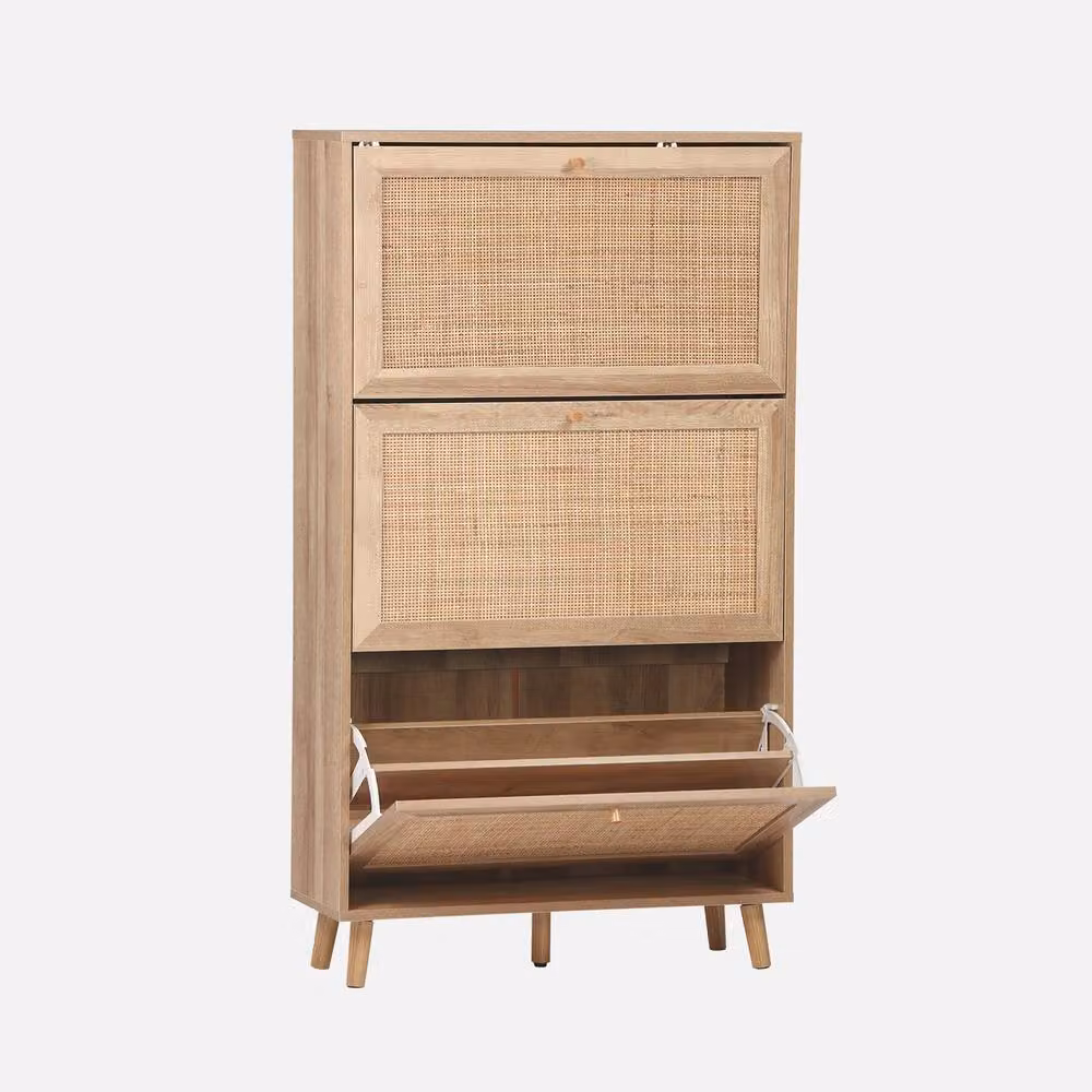 sweeek Boho Wood and Rattan Shoe Cabinet with 3 Drawers and Tilting Compartments in Light Brown – 2