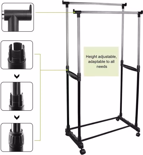 NESTLUNE Double Adjustable Mobile Garment Rack in Matt Black – 1
