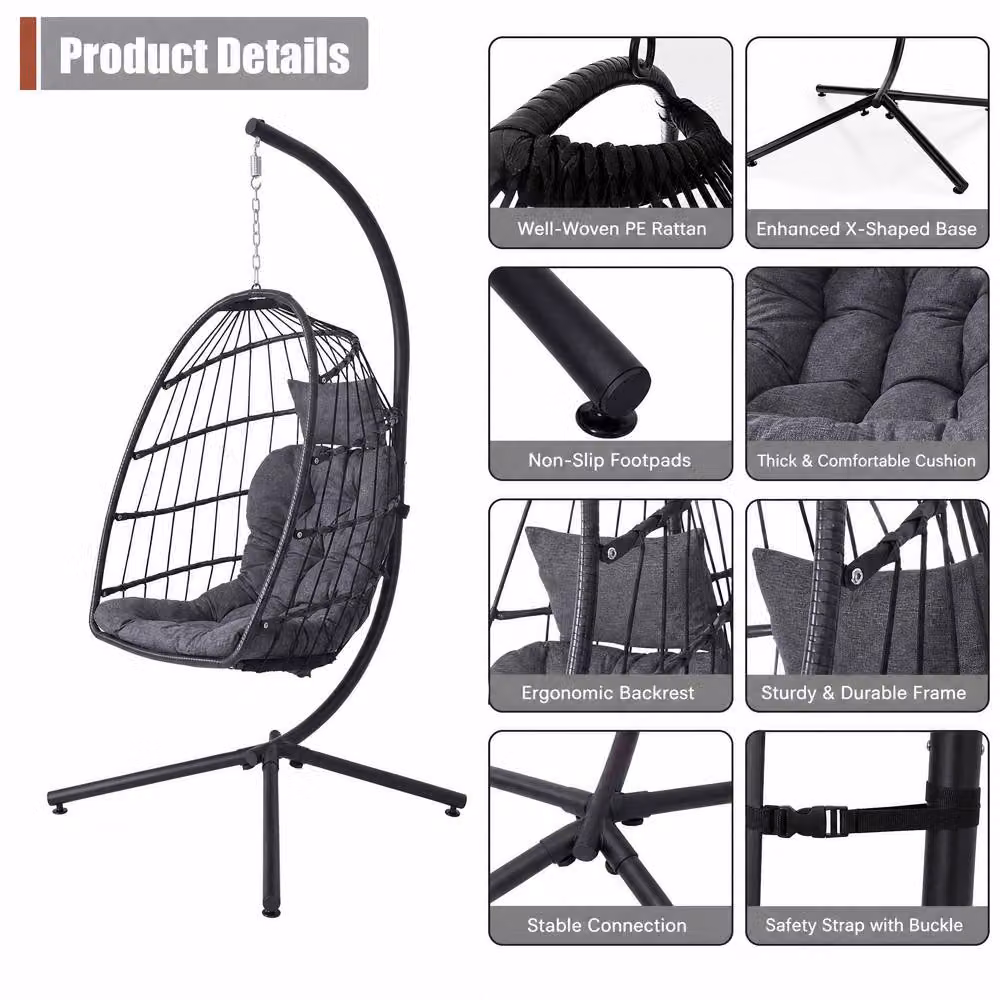 Living and Home Egg-Shaped Hanging Lounge Chair with Cushions and Headrest in Black – 4