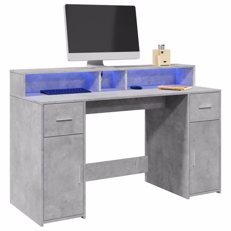 Berkfield Home Gaming Desk with LED Lights in Concrete Grey, W/D/H: 140 x 55 x 91 cm