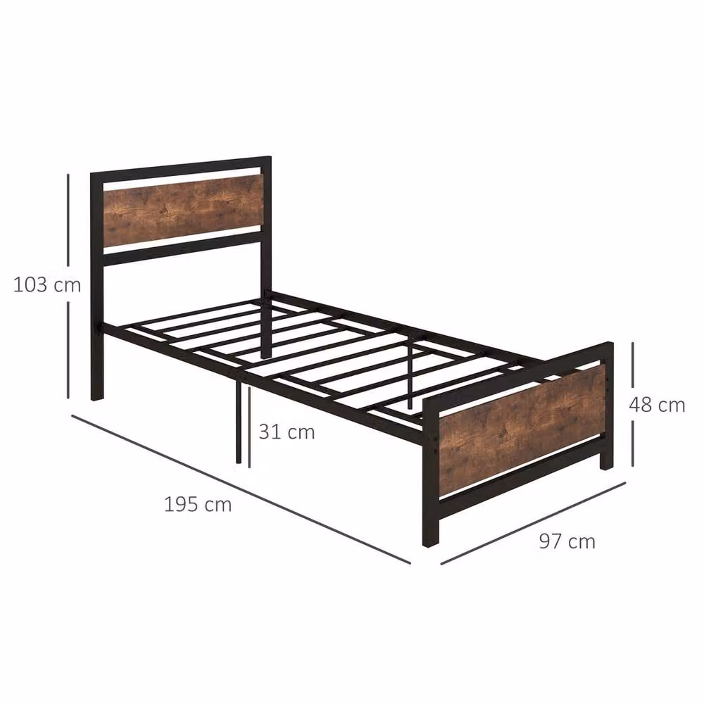 VOGREX Single Metal Bed Frame with Headboard and Footboard in Black, W/D/H: 97 x 195 x 103 cm – 2