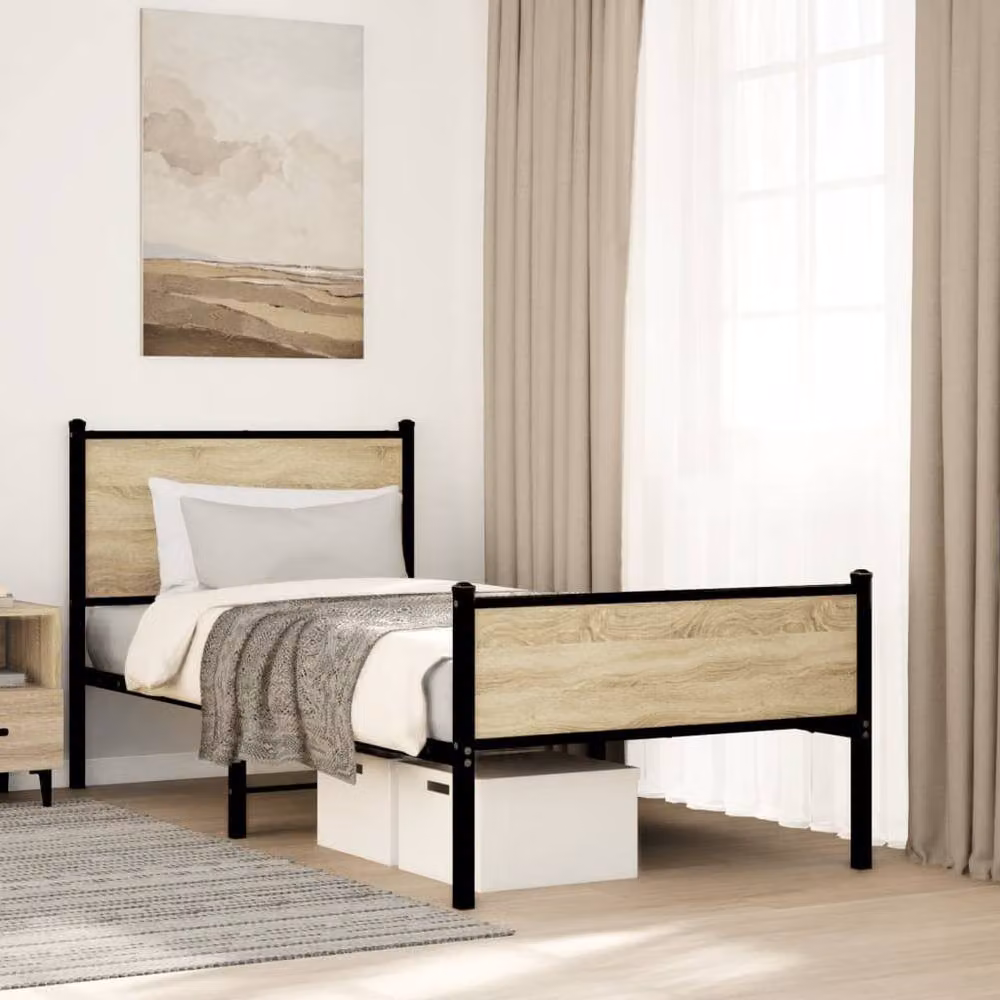 Berkfield Home Metal and Wood Single Bed Frame in Sonoma Oak and Light Brown, W/D/H: 90 x 190 cm – 2