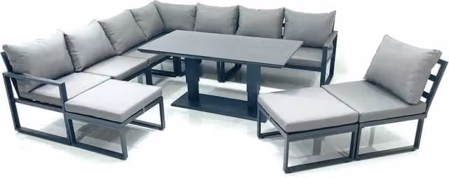 Fimous 10 Seater Outdoor Garden Furniture Set with Corner Sofa, 2 Big Footstools and Height Adjustable Dining Table in Dark Grey – 1
