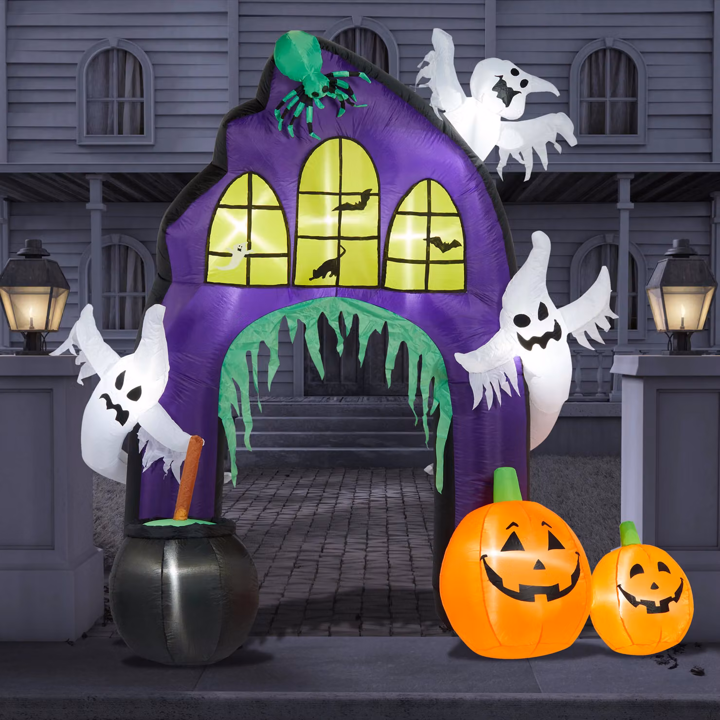 Lights4fun Halloween Inflatable Arch with Ghosts and Pumpkins and Built-in LED Lights, Purple and Multicolour, W: 250 cm, H: 110 cm