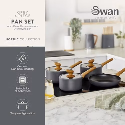 Swan Nordic 4-Piece Ceramic Pan Set in Grey with Aluminium and Glass Lids – 2