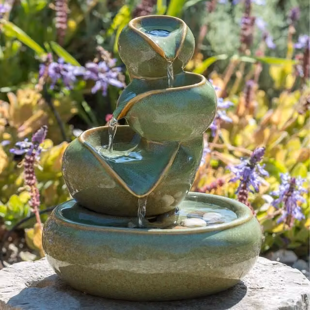 Primrose Cosmos Ceramic Solar Powered Tabletop Water Feature Cascade in Green