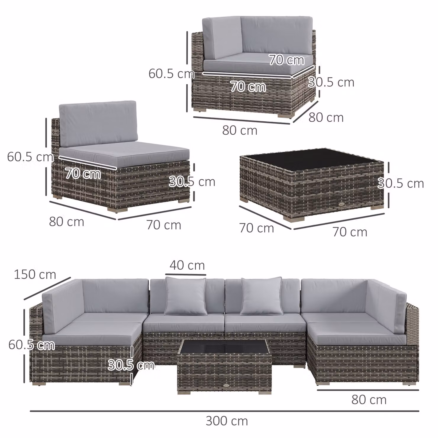 Outsunny 7 Piece PE Rattan Garden Furniture Set in Mixed Grey with L-Shape Corner Sofa, Glass Coffee Table and Padded Cushions – 3