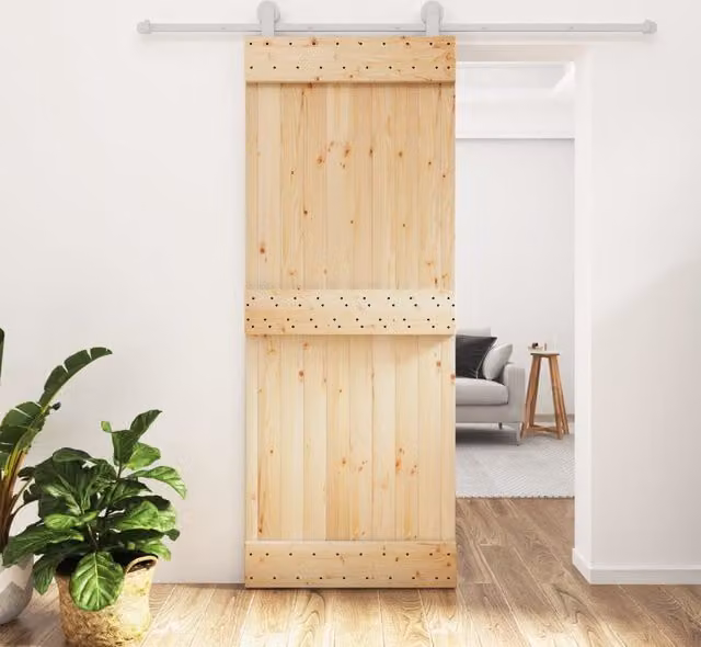 Berkfield Home Rustic Solid Wood Pine Sliding Door with Hardware Set, Brown, W: 80 cm, H: 210 cm