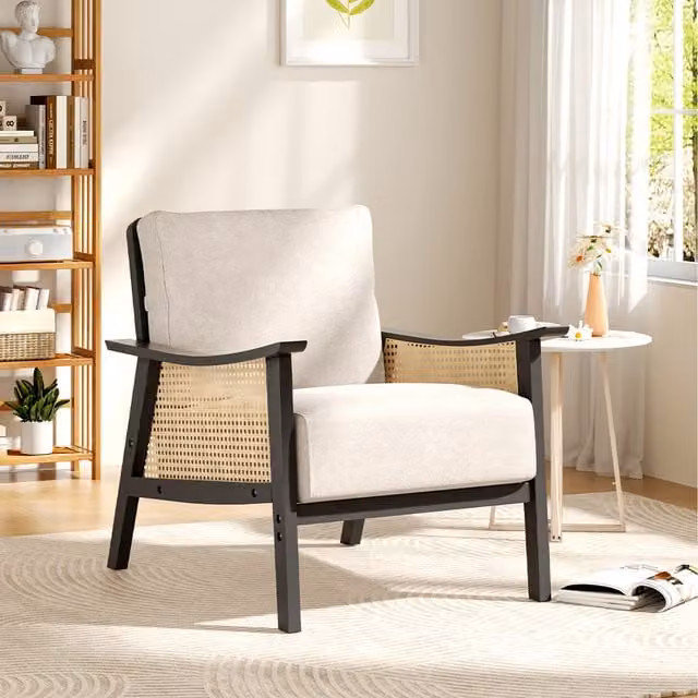 Komore Mid-Century Rattan and Wood Lounge Chair with Fabric Cushion in Beige
