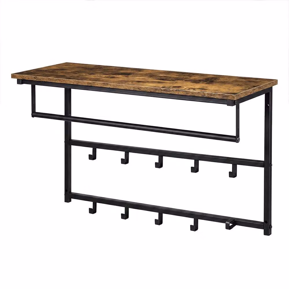 Levede Wall Mounted Wooden Shelf and Metal Coat Rack with Hooks, Brown and Black, W: 80 cm – 2