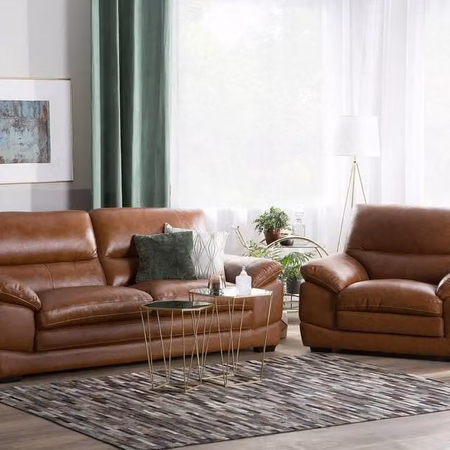 Wyld and Coco Brown Synthetic Leather 3+1 Sofa Set with Retro Birchwood Legs and Scatter Cushions