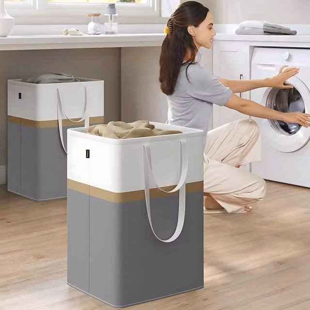 The Bazaarist Set of 2 Fabric Laundry Hampers with Dual Handles, Dark Grey