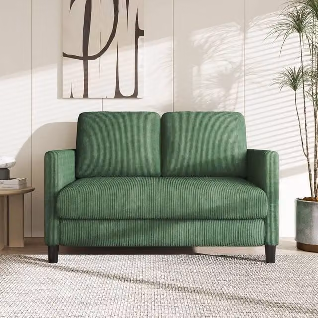 Dprodo Green Corduroy Small Sofa Loveseat, Width: 129 cm, Depth: 58 cm