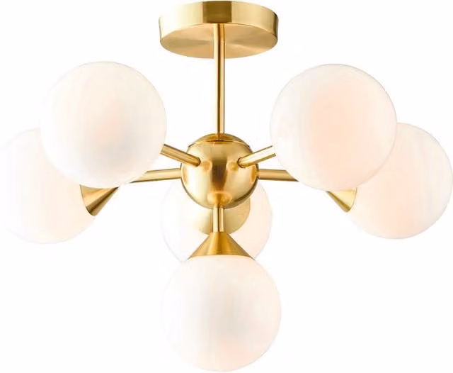 Loops Semi Flush Ceiling Light in Satin Brass and Gloss White Glass with 6 x G9 Bulbs