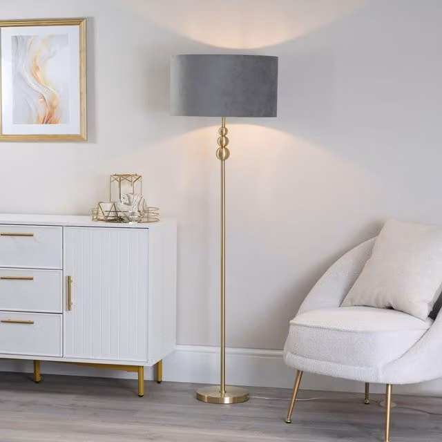 ValueLights Marissa Gold Stacked Floor Lamp with Grey Velvet Drum Shade and LED Bulb