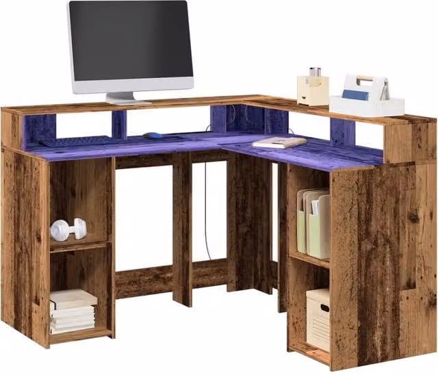 Berkfield Brown Corner Home Office Desk with LED Lights, W/D/H: 130 x 130 x 91 cm – 1