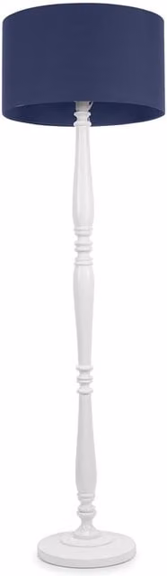 ValueLights Victoria White Wood Floor Lamp with Blue Fabric Drum Shade and LED Bulb