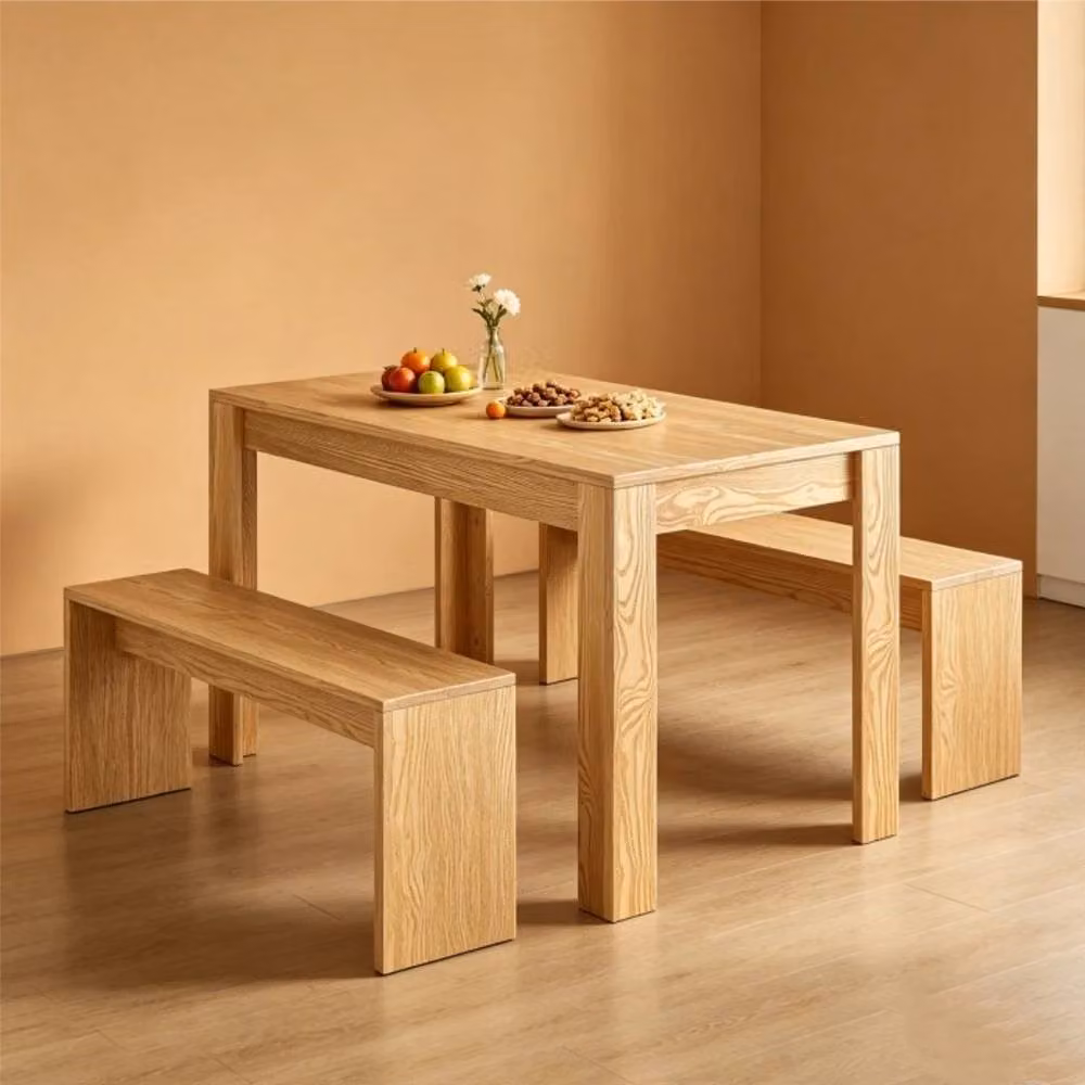 FORGEVIO Scandinavian Wooden Dining Table and 2 Bench Set in Sand – 2