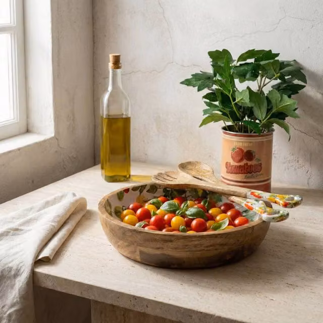 Madison & Mayfair White Mango Wood Floral Serving Bowl, Diameter: 30.5 cm