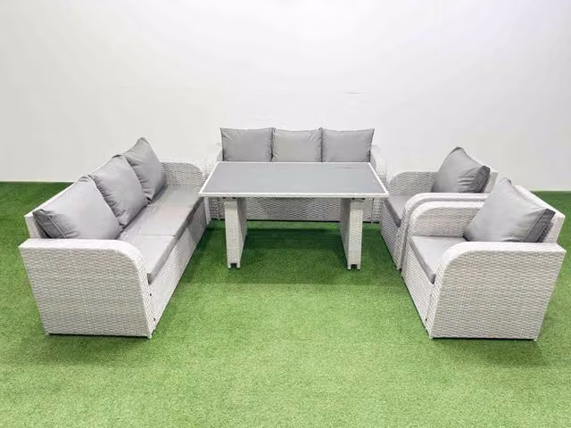 Fimous 8 Seater Light Grey PE Rattan Outdoor Reclining Furniture Set with Metal and Glass Details