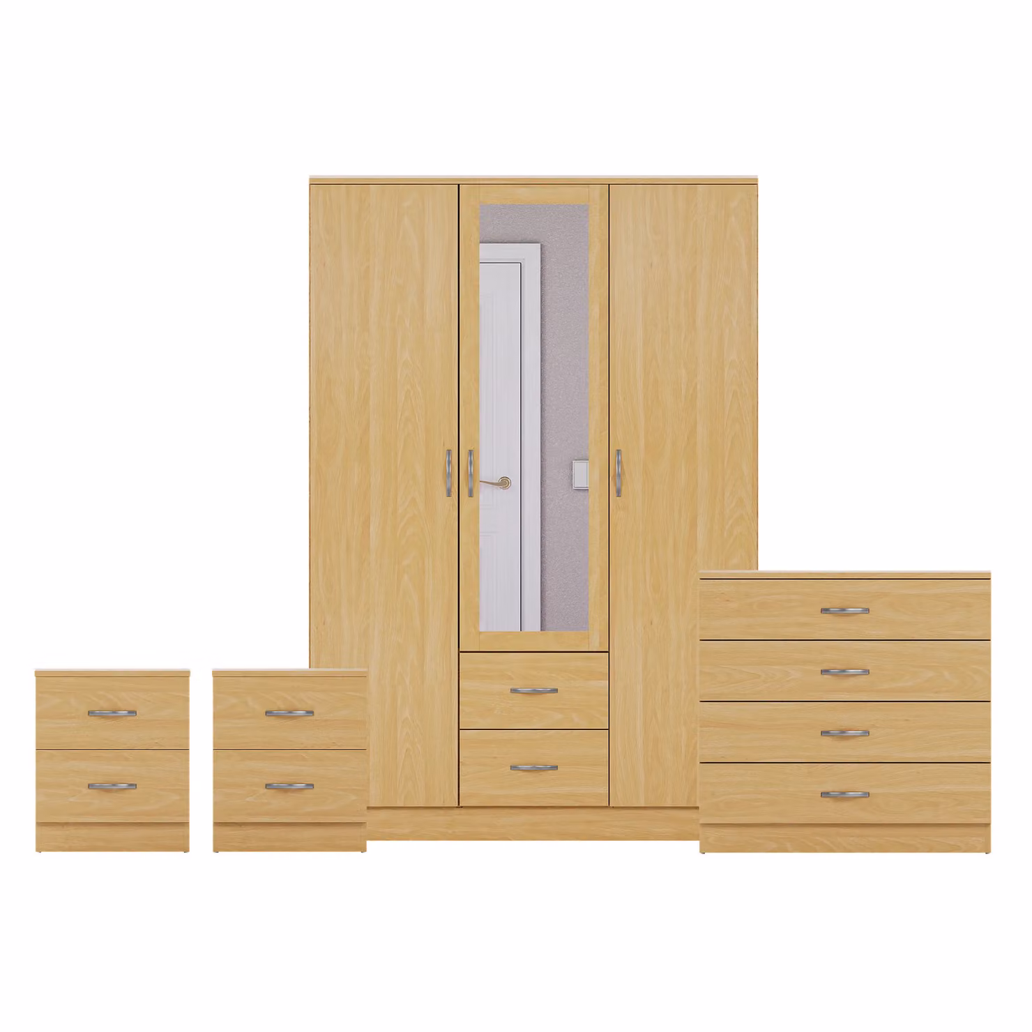 Vida Designs 4 Piece Modern Bedroom Set in Brown featuring 2 Bedside Tables, 4 Drawer Chest and 3 Door Mirror Wardrobe – 2