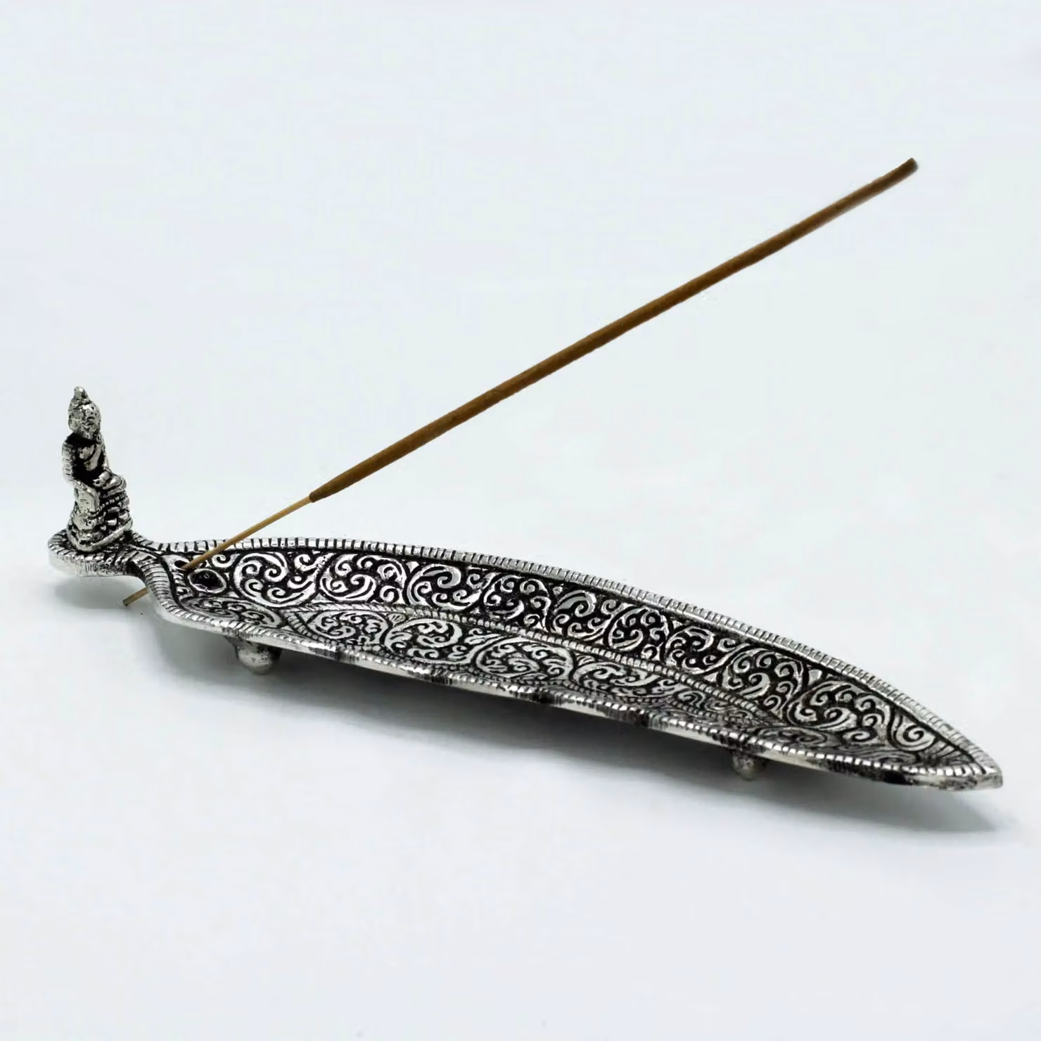 KDMD Polished Aluminium Buddha Long Shaped Incense Holder, Silver, Length: 23 cm – 2