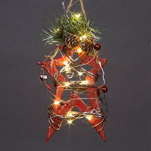 Shatchi Red Wooden LED Star Hanging Ornament for Christmas Decor, 20 cm – 1