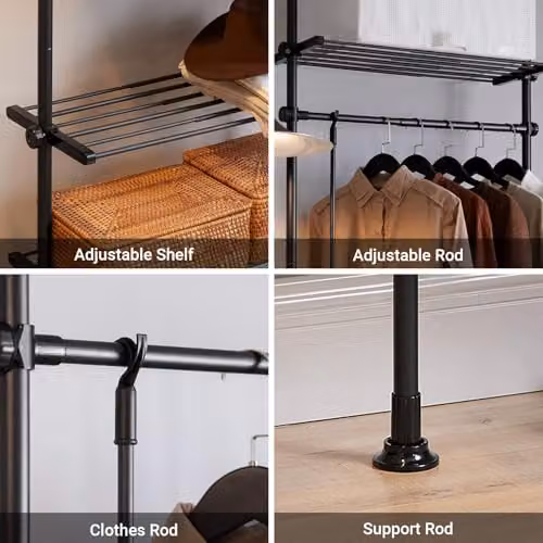 SoBuy Black Telescopic Clothes Rail with Storage Shelves, Width: 52-80 cm, Height: 160-173 cm, Depth: 27 cm – 4