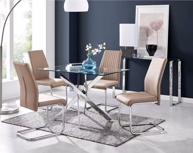 FurnitureboxUK Leonardo Glass and Chrome Metal Dining Table with 4 Cappuccino Beige Lorenzo Dining Chairs