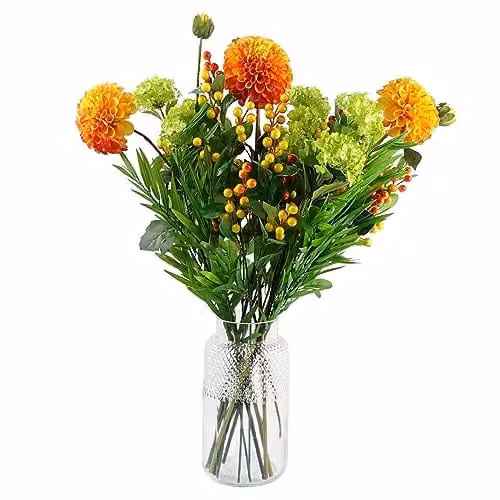 Leaf Design Multicolour Artificial Floral Display with Transparent Glass Vase